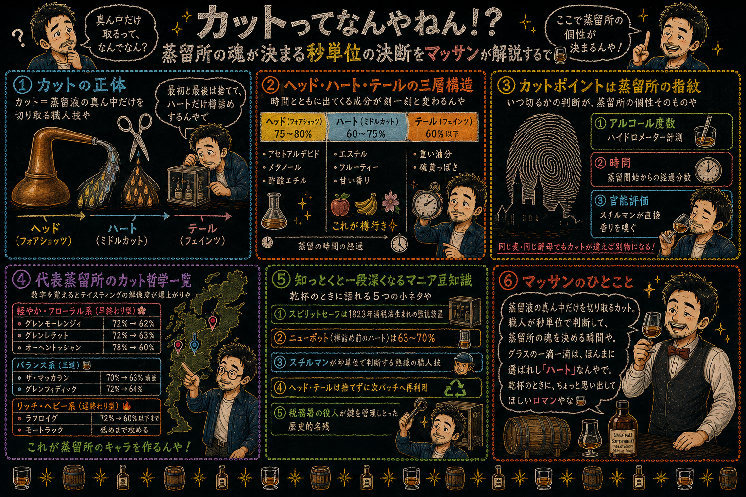 「カット(中間部分だけ取る作業)」の解説図:黒板チョーク風でセクションに分けてマッサンが解説するインフォグラフィック