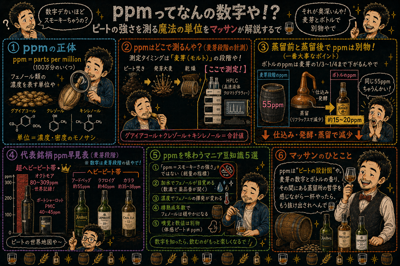 「ppm(フェノール値)」の解説図:黒板チョーク風でセクションに分けてマッサンが解説するインフォグラフィック