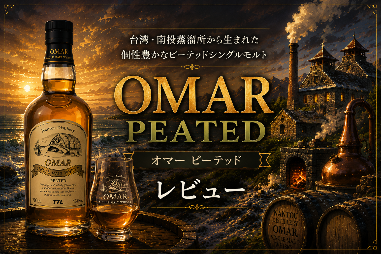 オマー ピーテッド レビュー｜台湾・南投蒸溜所のピーテッドシングルモルトウイスキーと夕暮れの海・蒸溜所のアイキャッチ画像