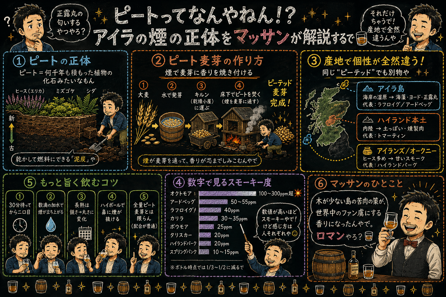 ピートとは何か・ピート麦芽の作り方・産地別個性・代表銘柄のppm早見表をマッサンが解説する黒板チョーク風インフォグラフィック