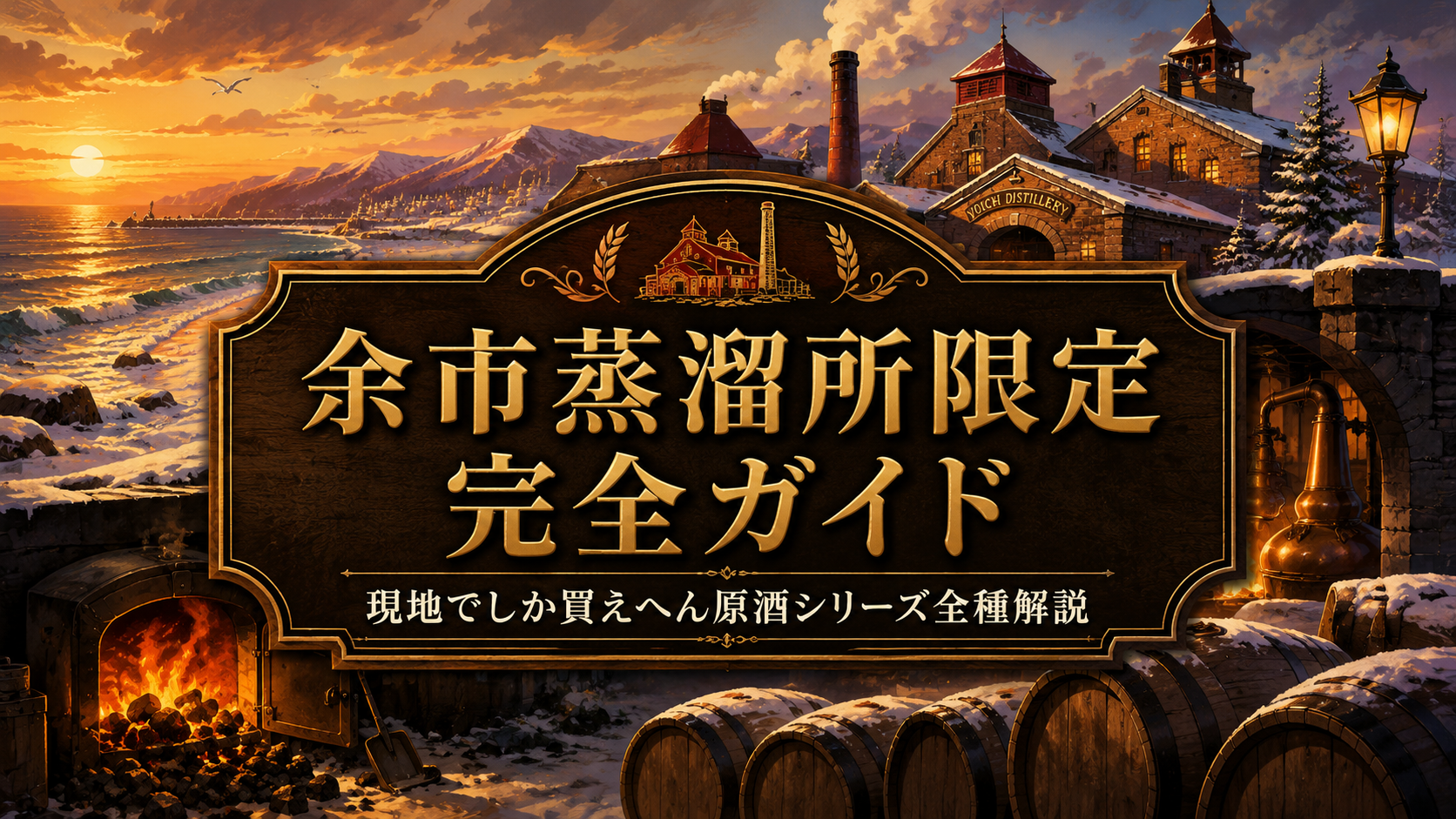余市蒸溜所限定 完全ガイド｜北海道余市町の蒸溜所建物・石炭直火の炎・夕暮れの海・ウイスキー樽が描かれたアイキャッチ画像（イラスト調）