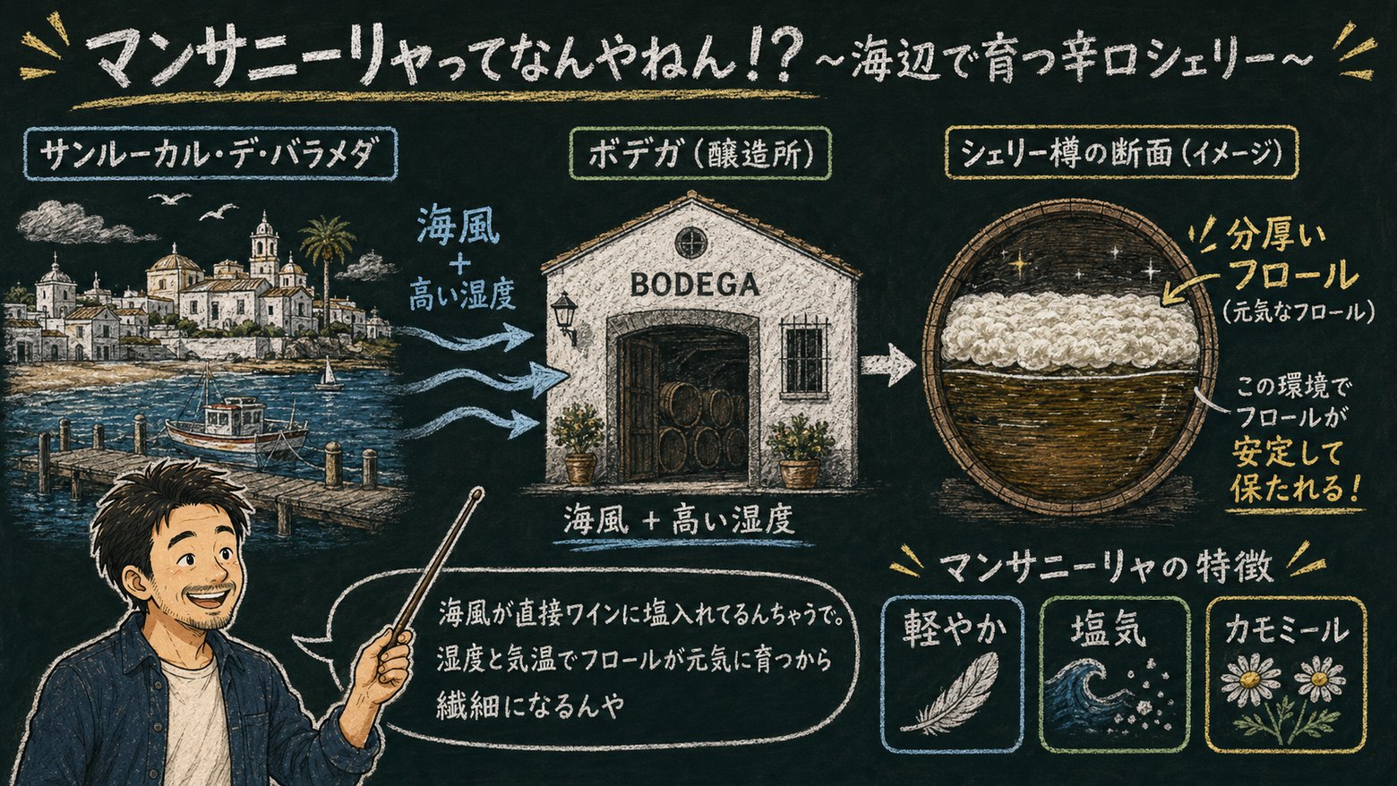 マンサニーリャ〜海辺で育つ辛口シェリー〜の解説図