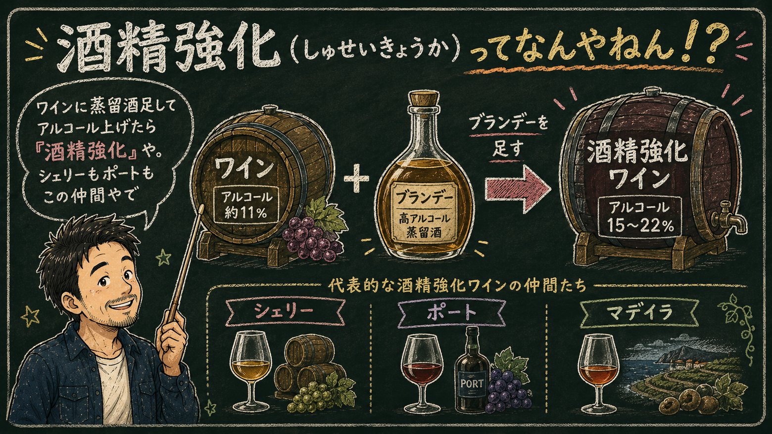 酒精強化（しゅせいきょうか）の工程図解