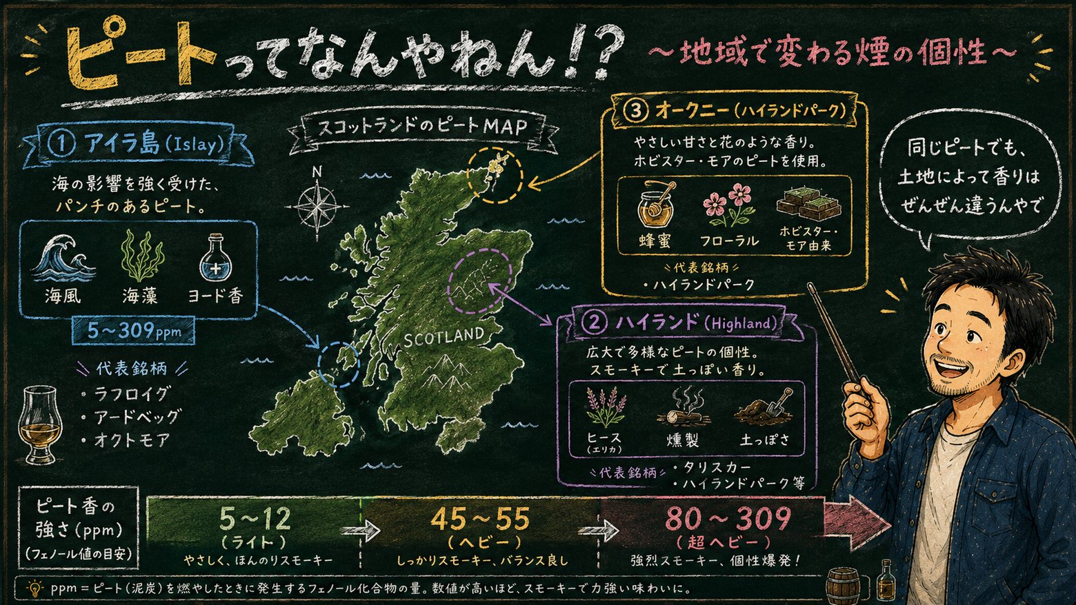 ピート〜地域で変わる煙の個性〜の解説図