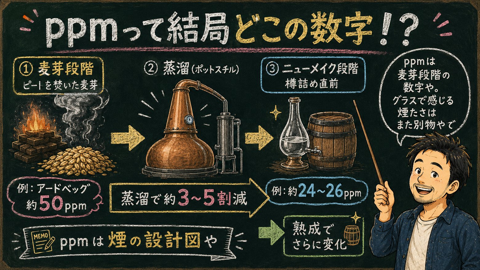ppm〜麦芽段階とニューメイクの違い〜の解説図