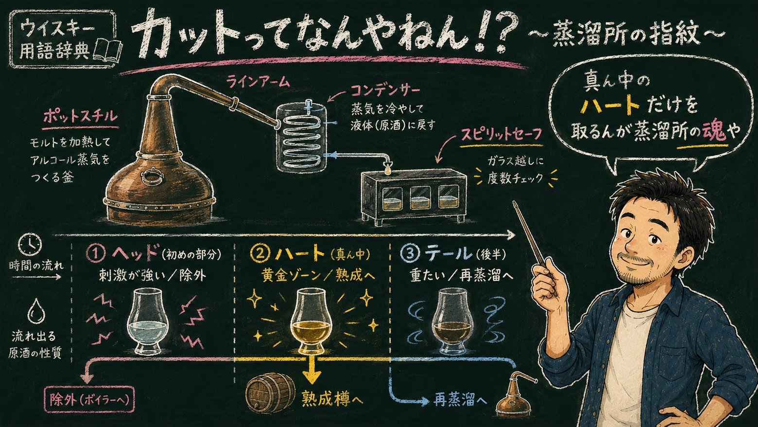 カット〜ヘッド・ハート・テールの蒸溜所の指紋〜の解説図