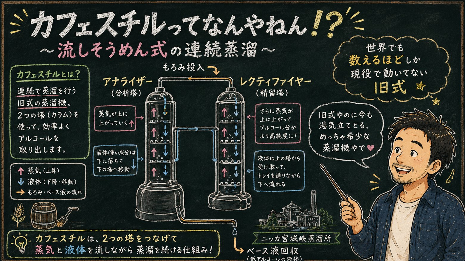 カフェスチル〜流しそうめん式の連続蒸溜〜の解説図