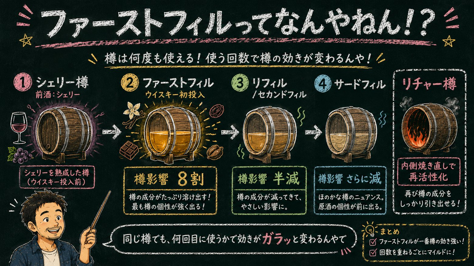 ファーストフィル〜樽の使い回し4段階〜の解説図