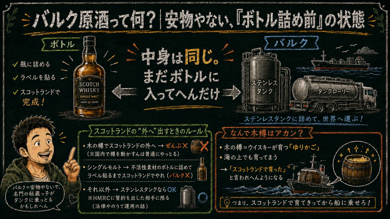 「バルク原酒」の解説図：黒板チョーク風でボトル詰め前の状態を表す言葉だとマッサンが解説するインフォグラフィック