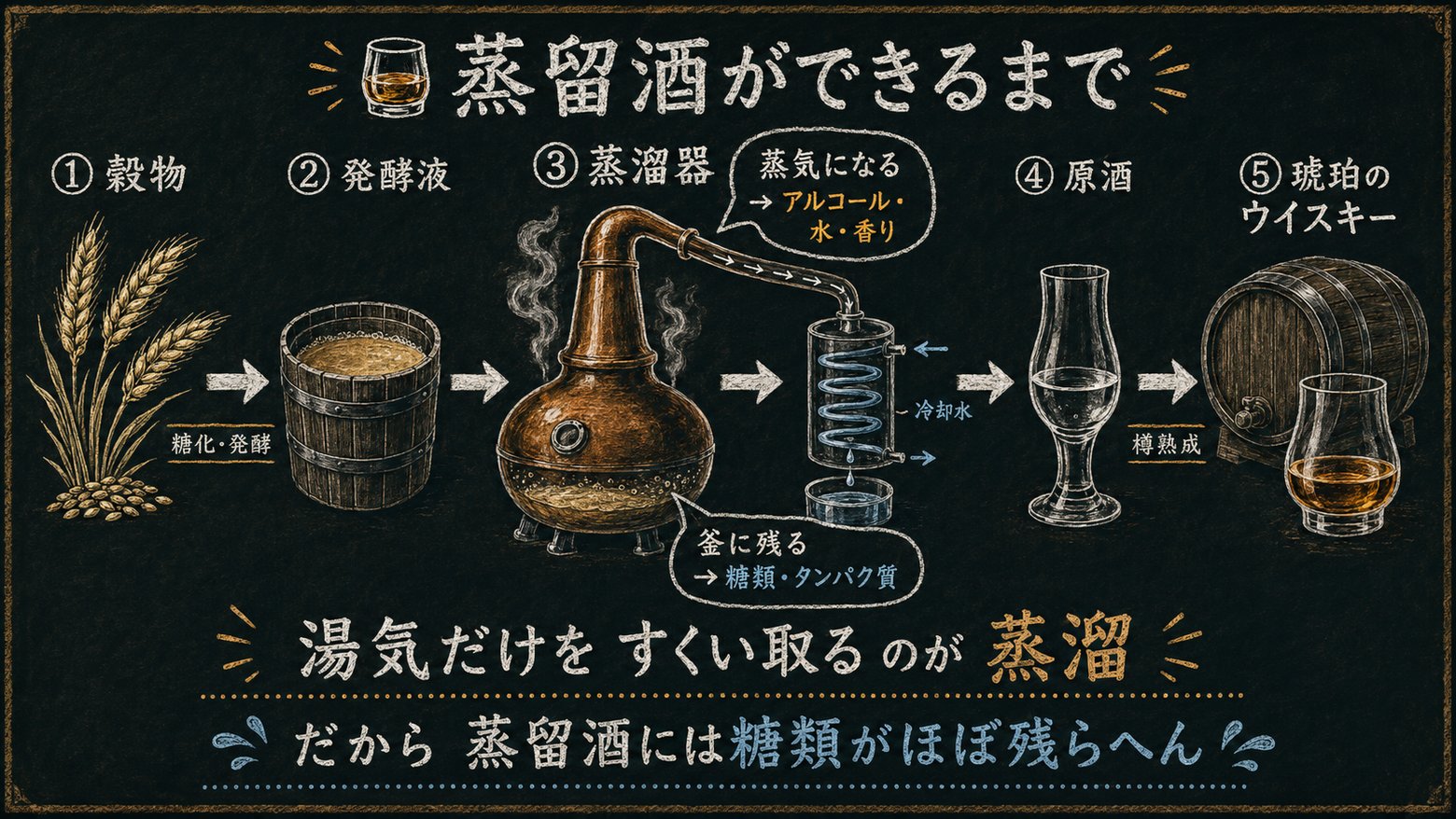 「蒸留酒」の解説図：醸造酒との違いと蒸溜の流れをマッサンが解説するインフォグラフィック