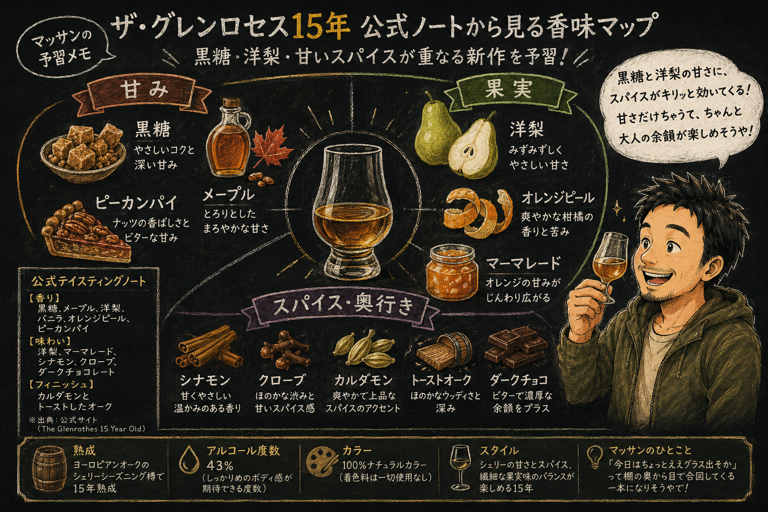 ザ・グレンロセス15年 公式ノートから見る香味マップ（甘み・果実・スパイスの3方向と基本スペック）