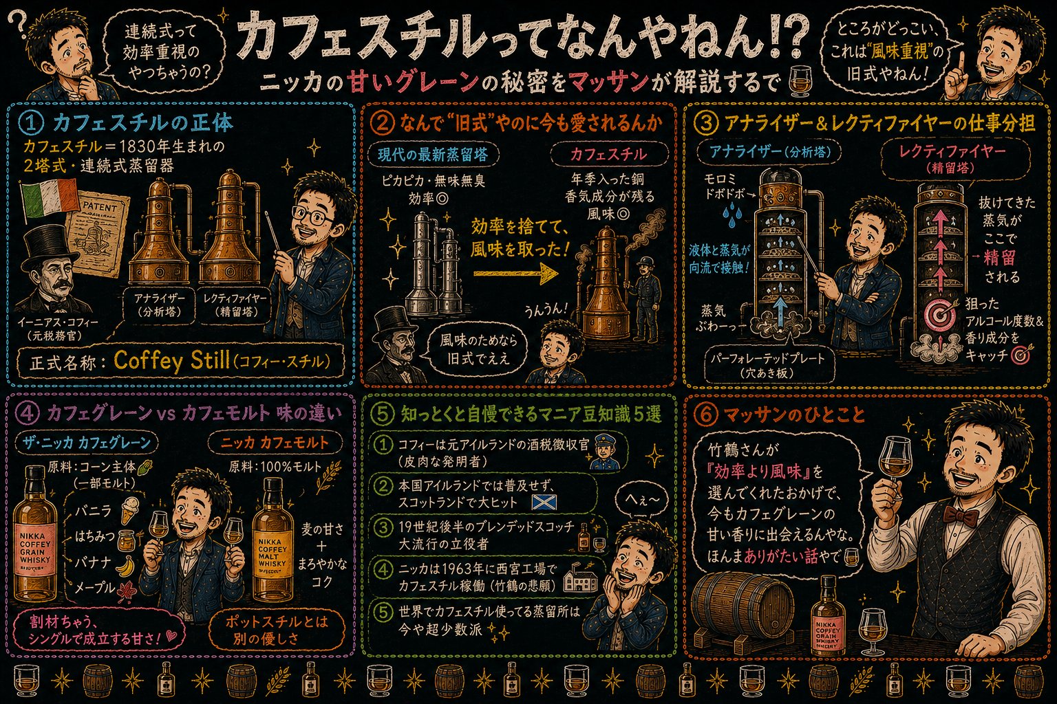 「カフェスチル（連続式蒸留）」の解説図：黒板チョーク風で4セクションに分けてマッサンが解説するインフォグラフィック