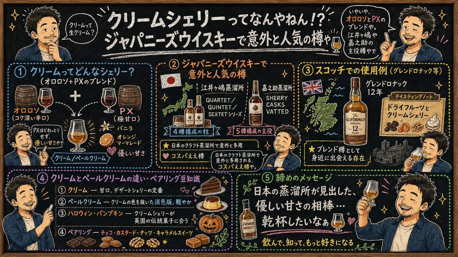 「クリーム／ペールクリーム」の解説図：黒板チョーク風で5ブロックに分けてマッサンが解説するインフォグラフィック