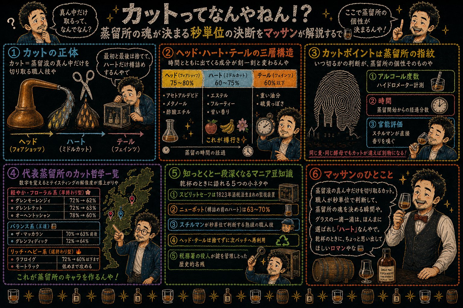 「カット（中間部分だけ取る作業）」の解説図：黒板チョーク風で4セクションに分けてマッサンが解説するインフォグラフィック