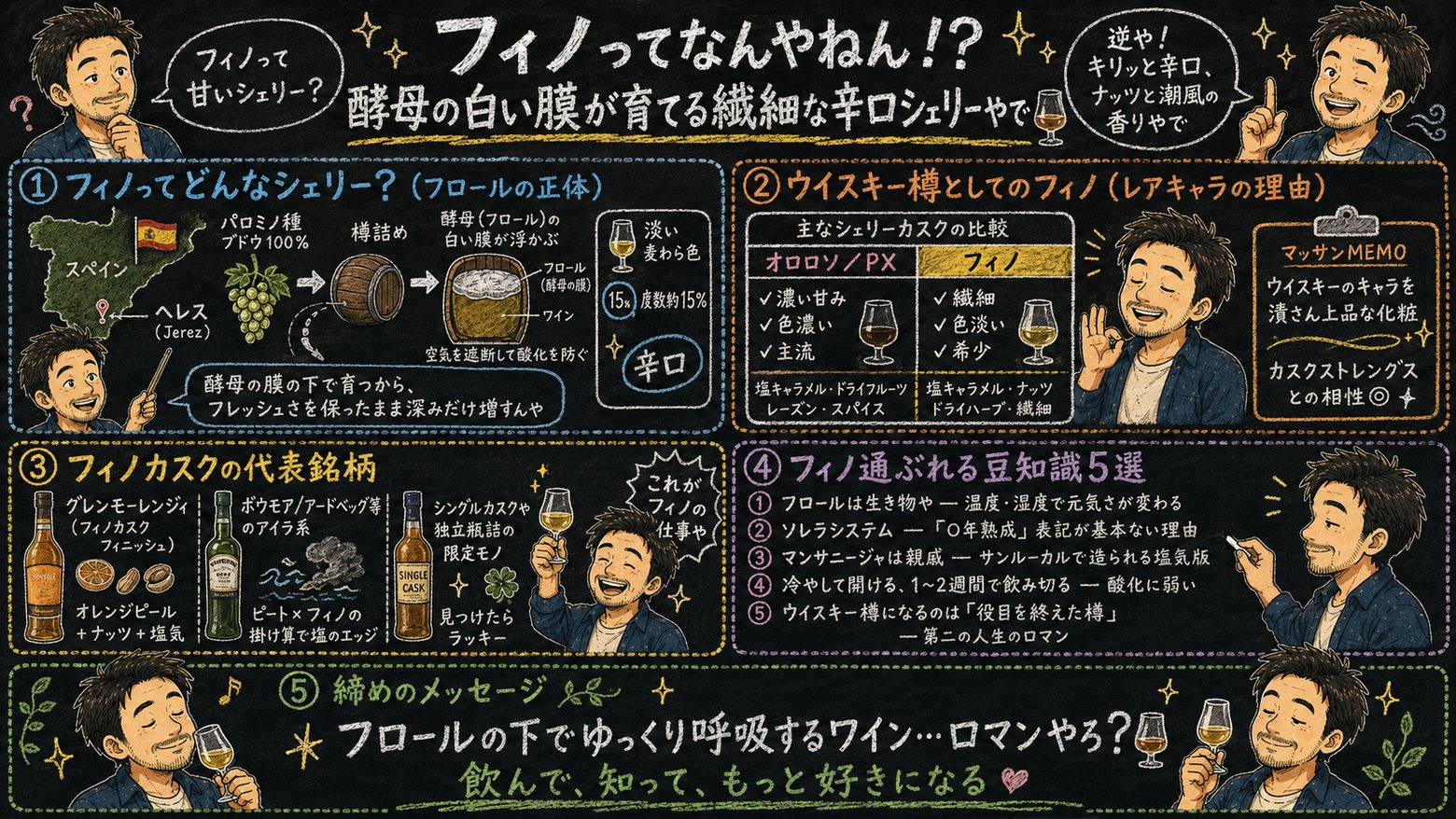 「フィノ」の解説図：黒板チョーク風で5ブロックに分けてマッサンが解説するインフォグラフィック
