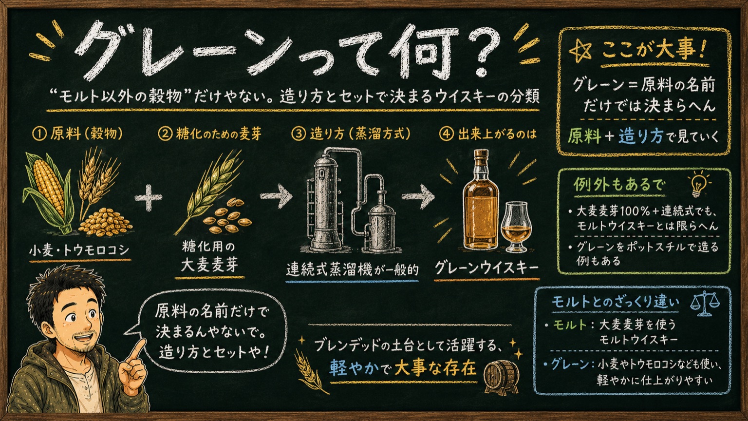 「グレーン」の解説図：黒板チョーク風で、小麦やトウモロコシに糖化用の大麦麦芽を加えて連続式蒸溜機で造る流れと、モルトとの違い、例外をマッサンが解説するインフォグラフィック