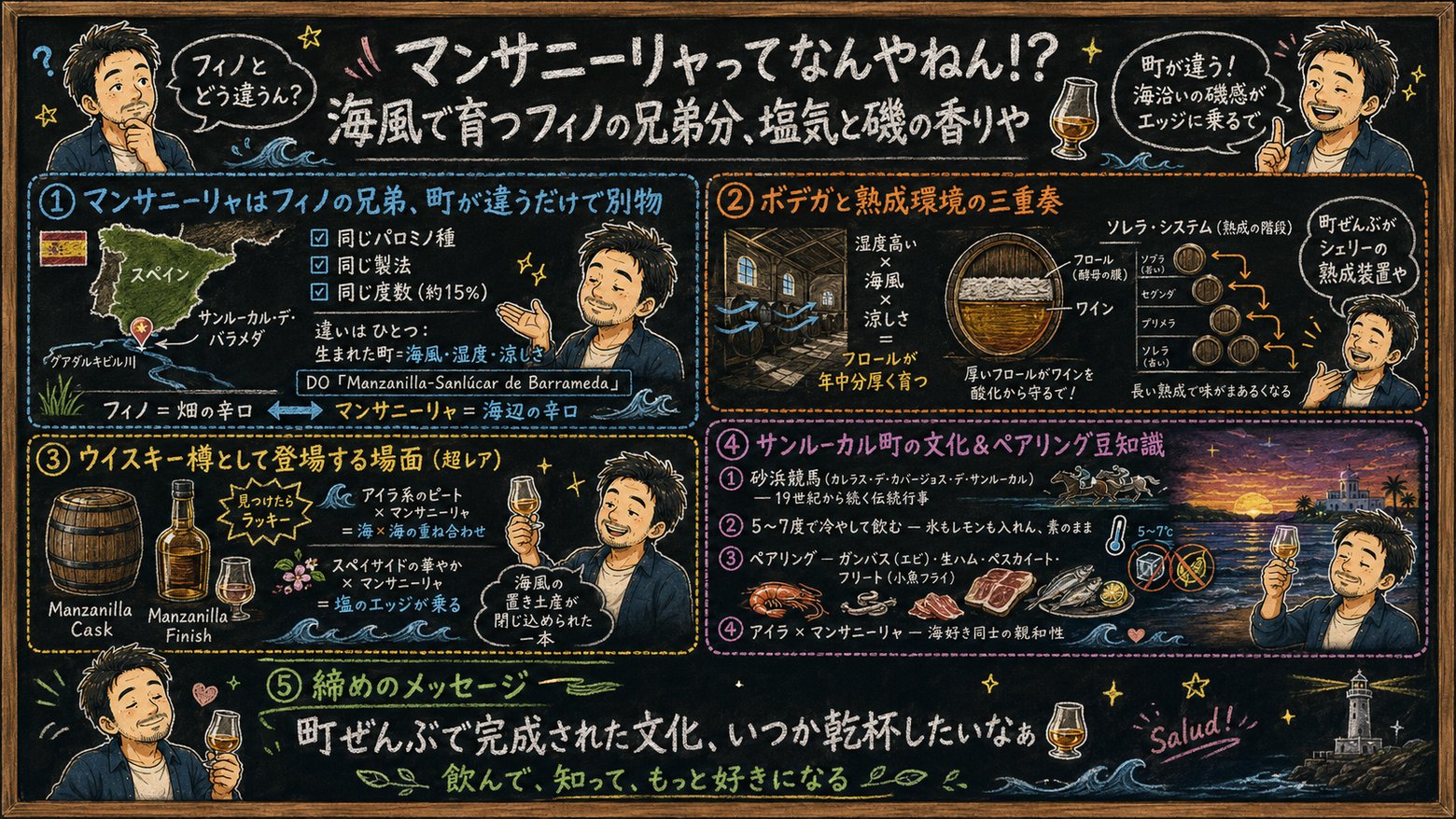 「マンサニーリャ」の解説図：黒板チョーク風で5ブロックに分けてマッサンが解説するインフォグラフィック