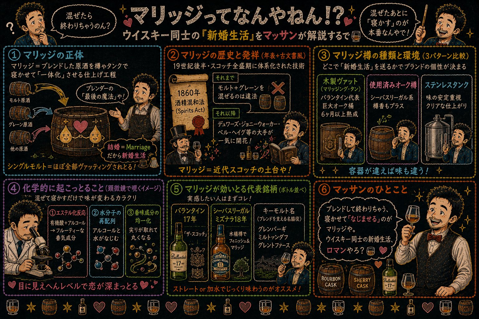 「マリッジ」の解説図：黒板チョーク風で4セクションに分けてマッサンが解説するインフォグラフィック