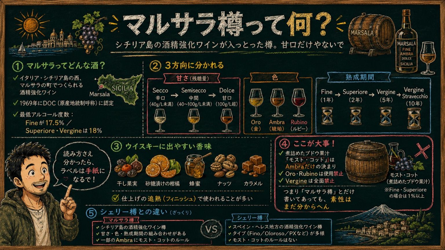 「マルサラ樽って何？」の解説図：黒板チョーク風。シチリア島の酒精強化ワインであること、甘さ・色・熟成期間の3方向の分類、ウイスキーに出やすい香味、モスト・コットがAmbraだけの決まりであること、シェリー樽との違いをマッサンが解説するインフォグラフィック