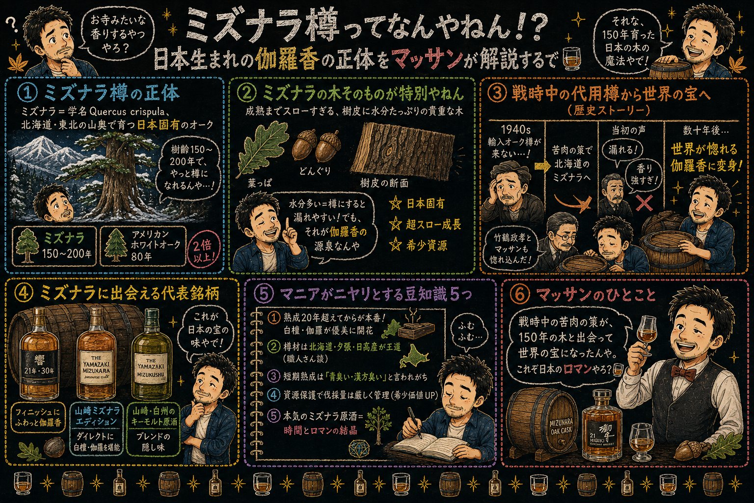 「ミズナラ樽」の解説図：黒板チョーク風で4セクションに分けてマッサンが解説するインフォグラフィック