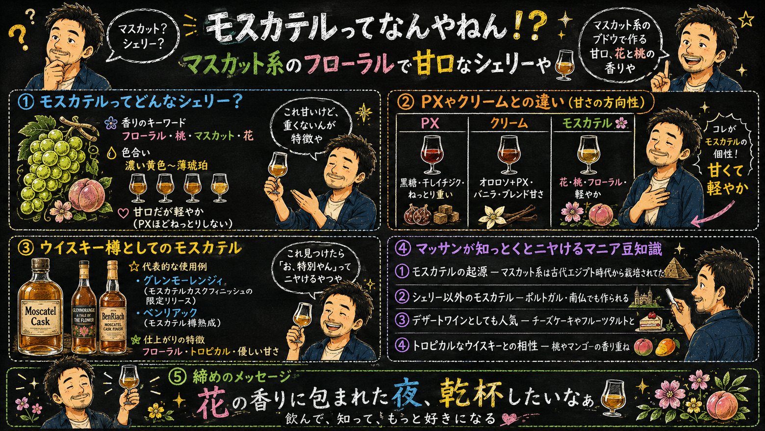 「モスカテル」の解説図：黒板チョーク風で5ブロックに分けてマッサンが解説するインフォグラフィック