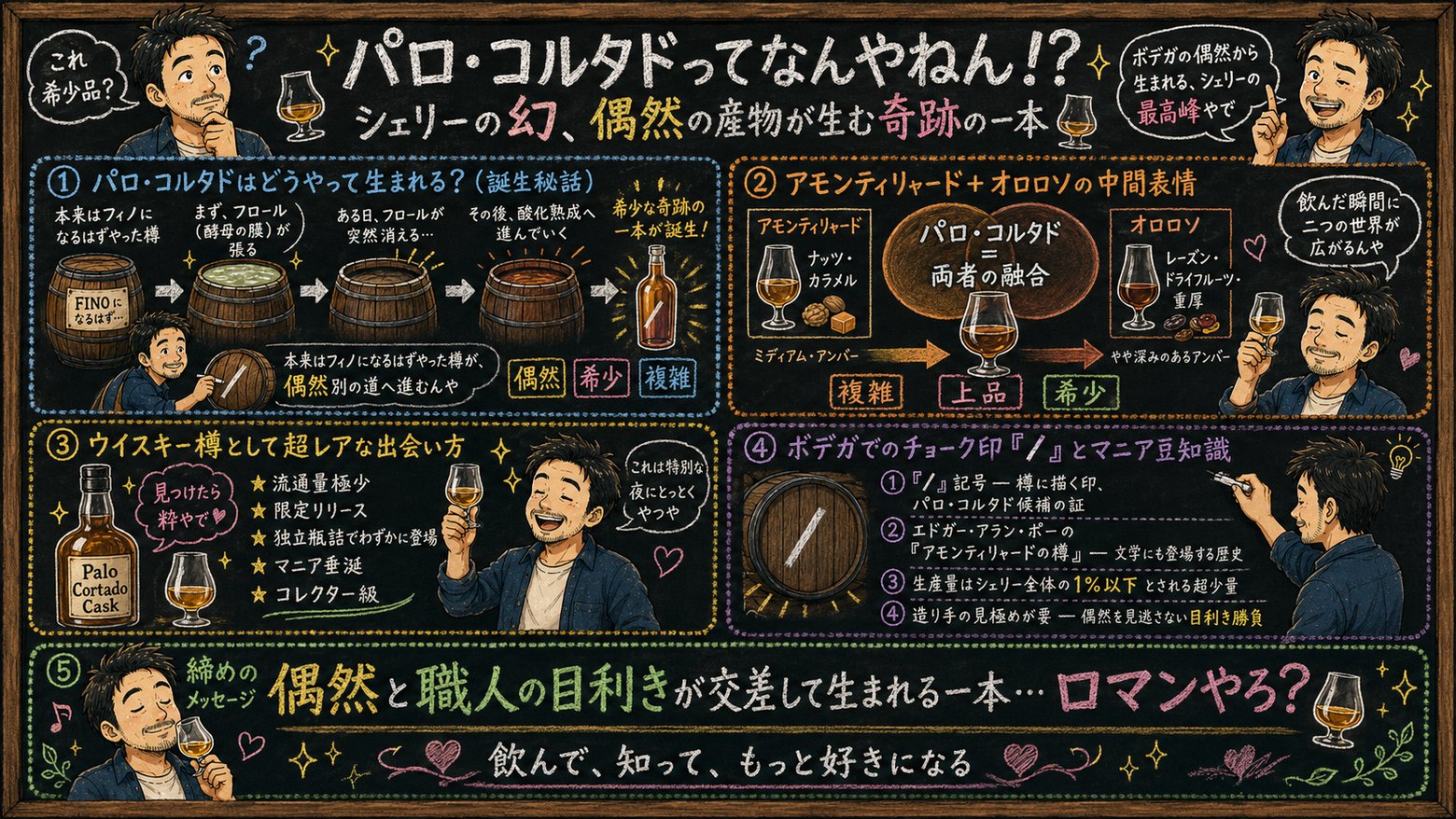 「パロ・コルタド」の解説図：黒板チョーク風で5ブロックに分けてマッサンが解説するインフォグラフィック