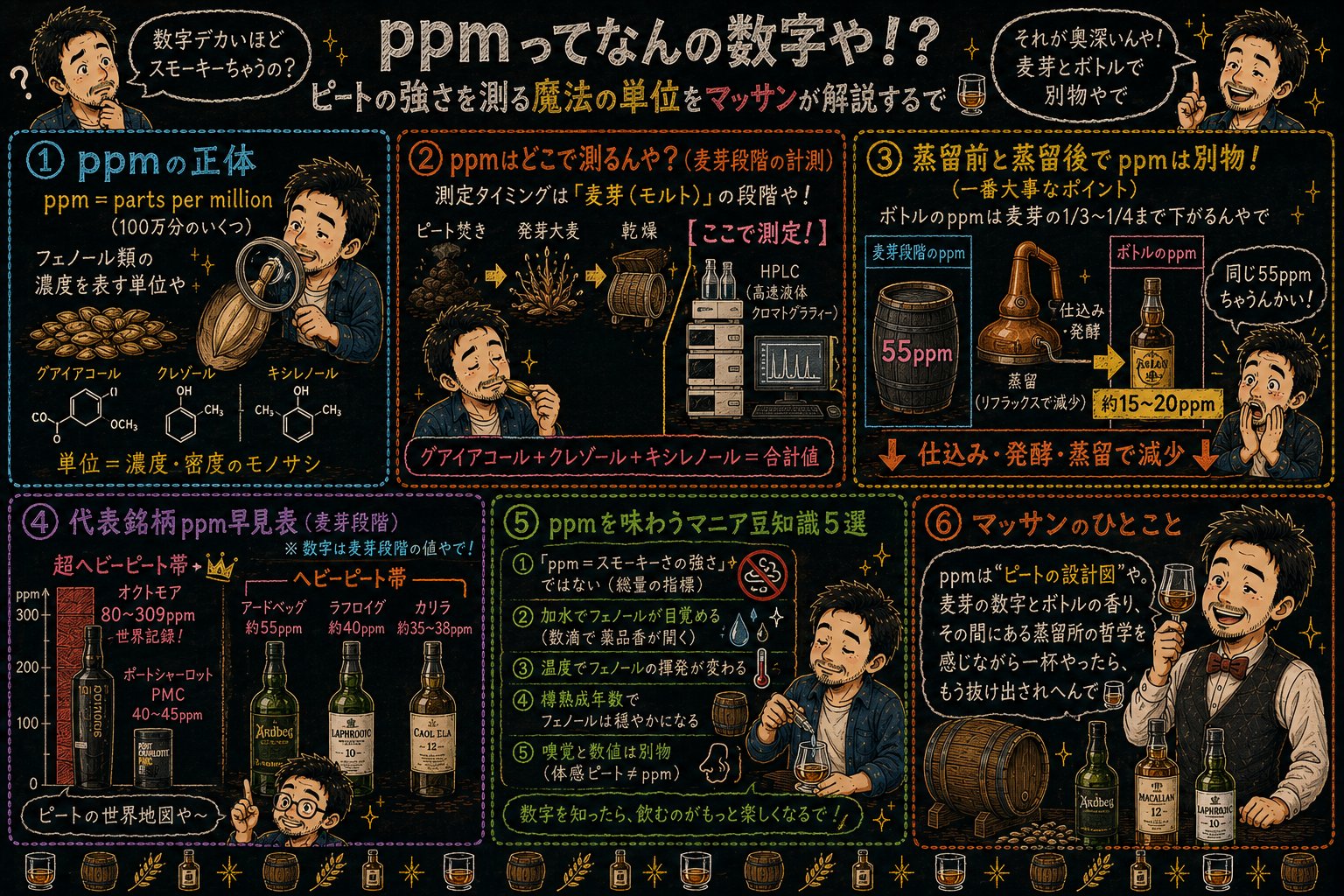 「ppm（フェノール値）」の解説図：黒板チョーク風で4セクションに分けてマッサンが解説するインフォグラフィック