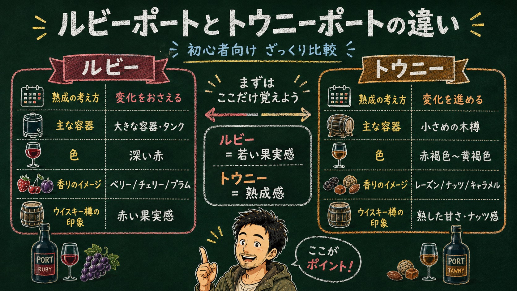 ルビーポートとトウニーポートの比較図：黒板チョーク風で、熟成の考え方（変化をおさえる／進める）、主な容器、色、香りのイメージ、ウイスキー樽になったときの印象を左右に並べて解説