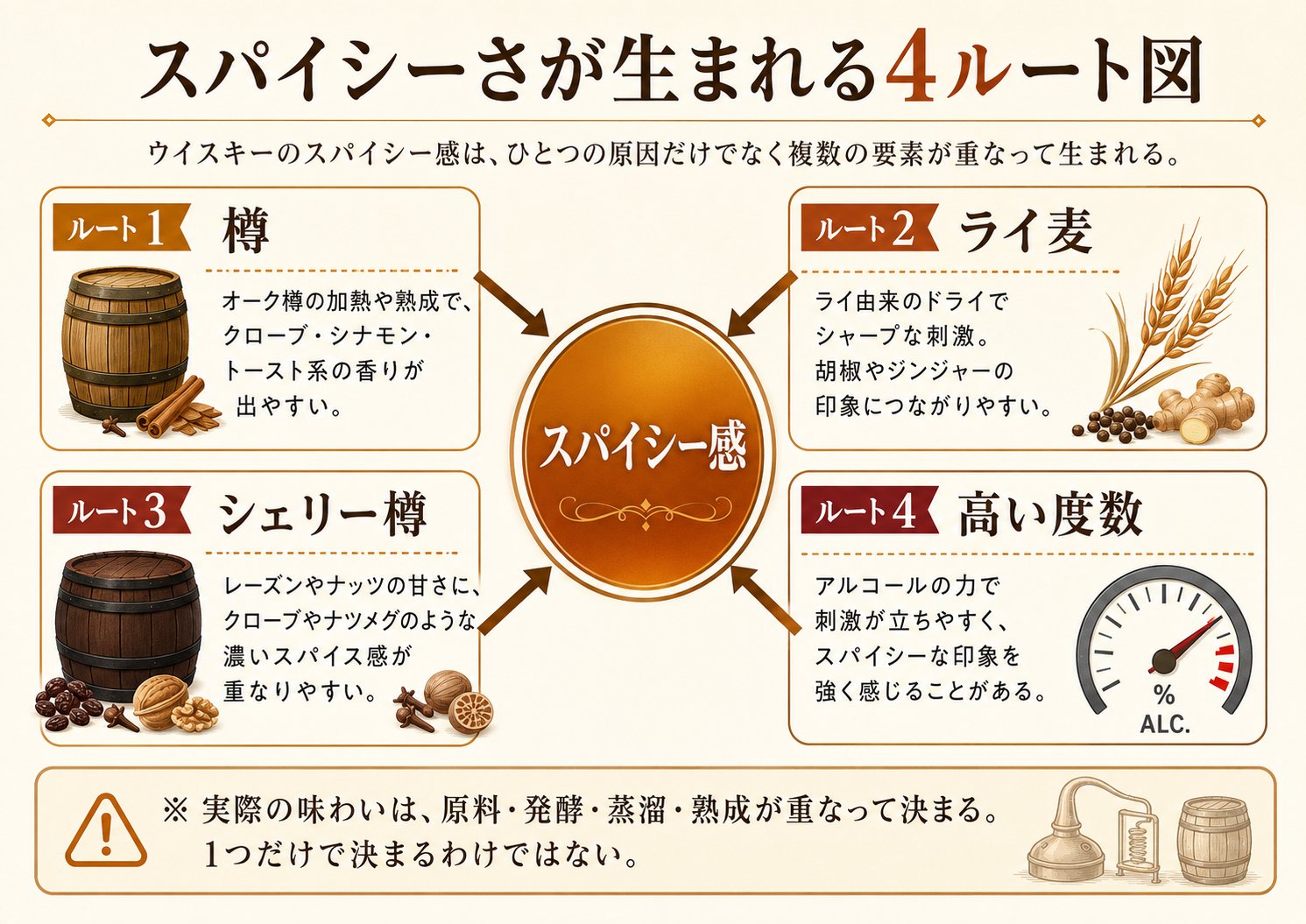 「スパイシー（Spicy）」の解説図：スパイシーさが生まれる4ルート（樽・ライ麦・シェリー樽・高い度数）を図解したインフォグラフィック