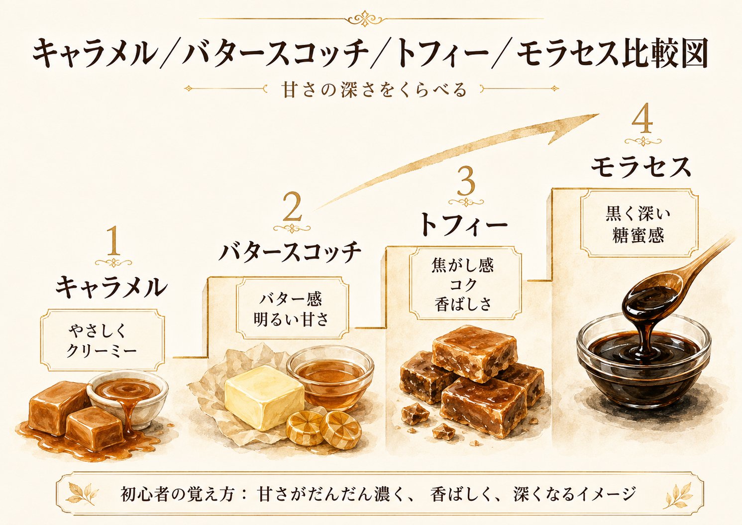 キャラメル・バタースコッチ・トフィー・モラセスの甘さの深さ比較図（初心者向け早見表）