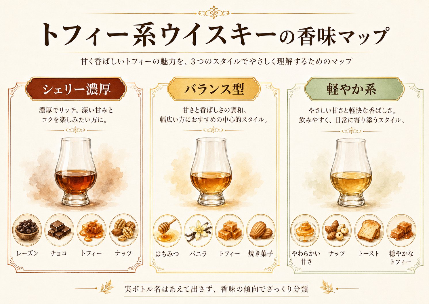 トフィー系ウイスキーの香味マップ：シェリー濃厚・バランス型・軽やか系の3スタイル分類