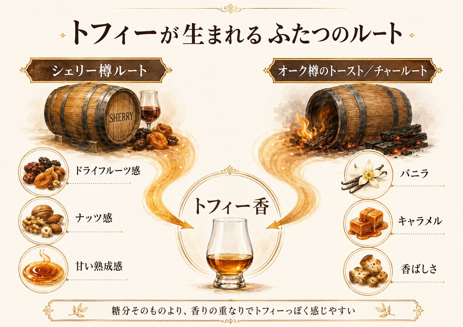 「トフィー香」が生まれる2ルート図：シェリー樽ルートとオーク樽トースト／チャールートの合流点でトフィー香ができる仕組み
