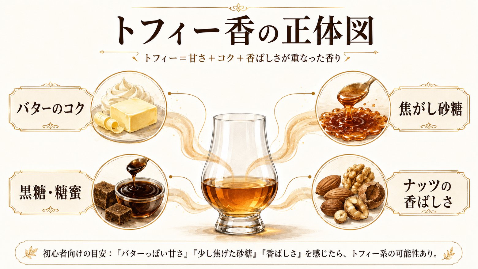 「トフィー（Toffee）」の解説図：バターのコク・焦がし砂糖・黒糖糖蜜・ナッツの香ばしさが重なる香りのインフォグラフィック