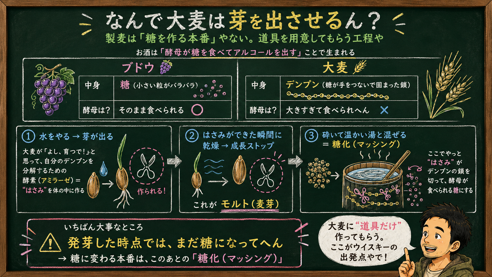 「なんで大麦は芽を出させるん？」の解説図：黒板チョーク風。ブドウの糖と大麦のデンプンを対比し、発芽で酵素（はさみ）ができ、糖に変わるのはそのあとの糖化（マッシング）であることをマッサンが解説するインフォグラフィック