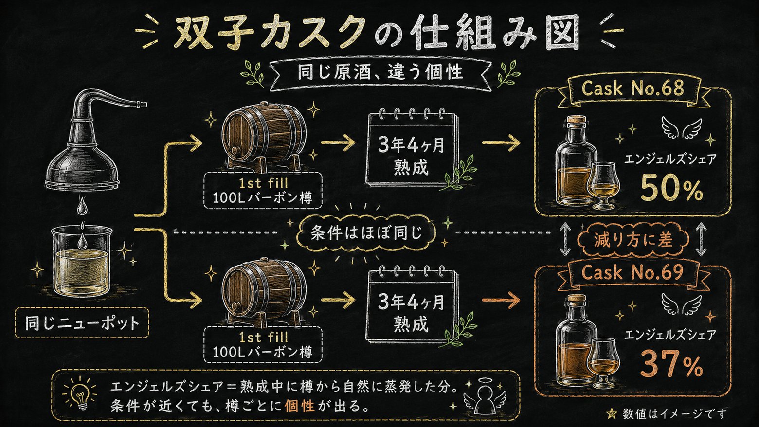 瀬戸内 双子カスクの仕組み図（同じ原酒・違う個性）