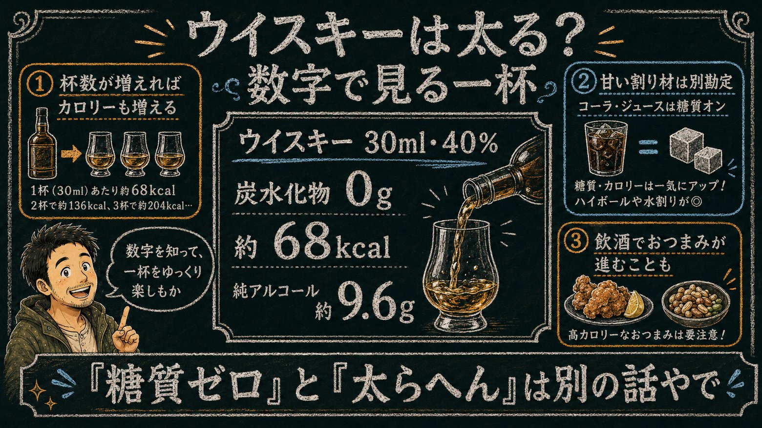 ウイスキーは太る？数字で見る一杯｜30ml40%で炭水化物0g・約68kcal・純アルコール9.6g