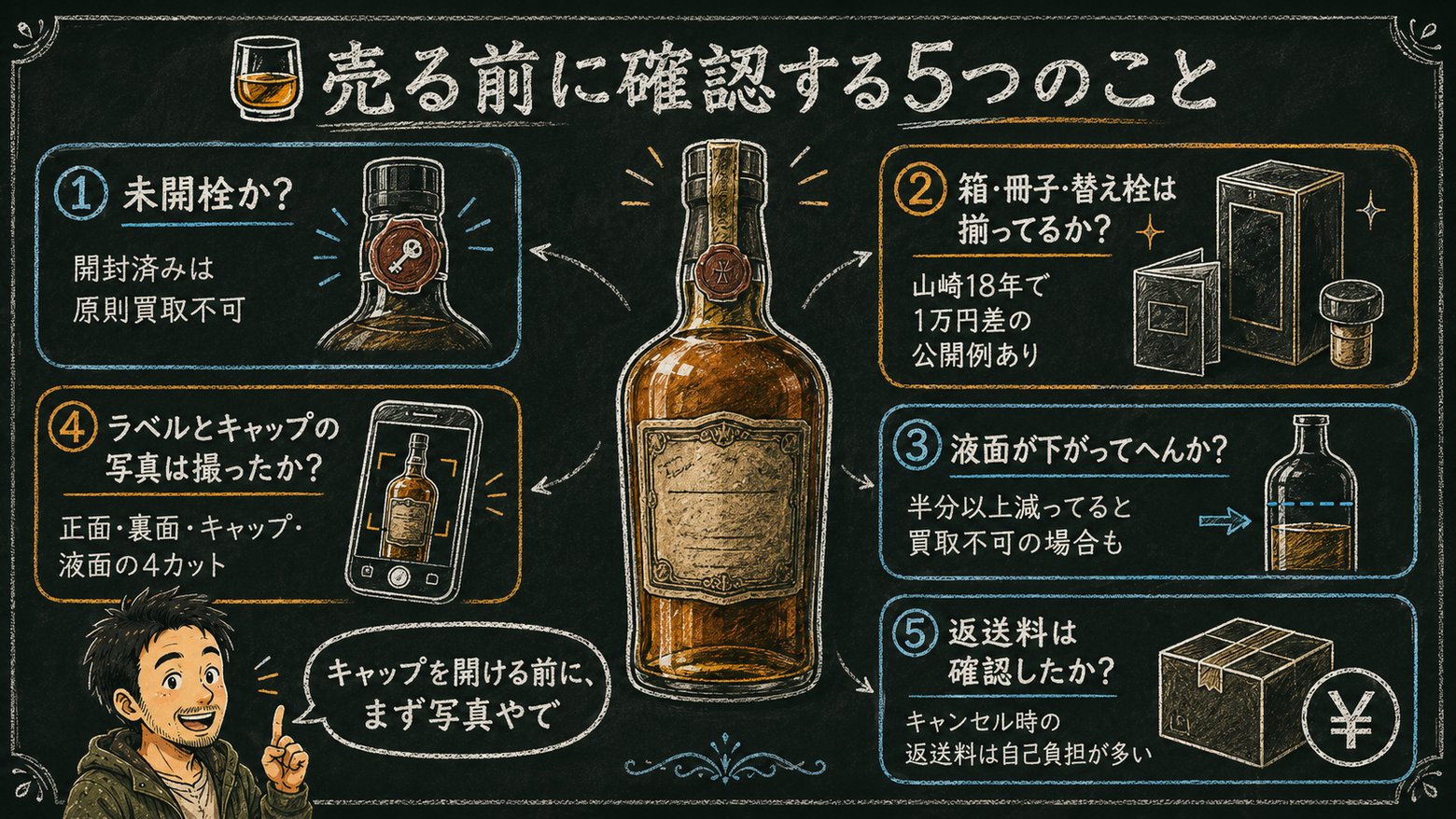 ウイスキーを売る前に確認する5つのこと(未開栓・箱と付属品・液面・写真・返送料)のチェックリスト図解