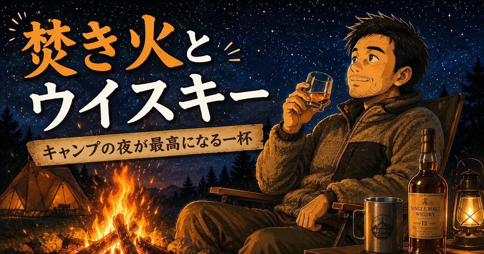 焚き火とウイスキーのアイキャッチ