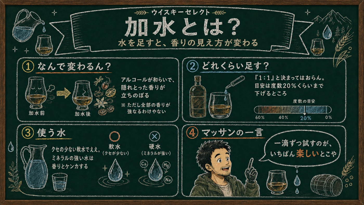 「加水」の解説図：水を足すと香りがどう変わるか、足す量の目安、使う水の選び方を黒板チョーク風にまとめた図