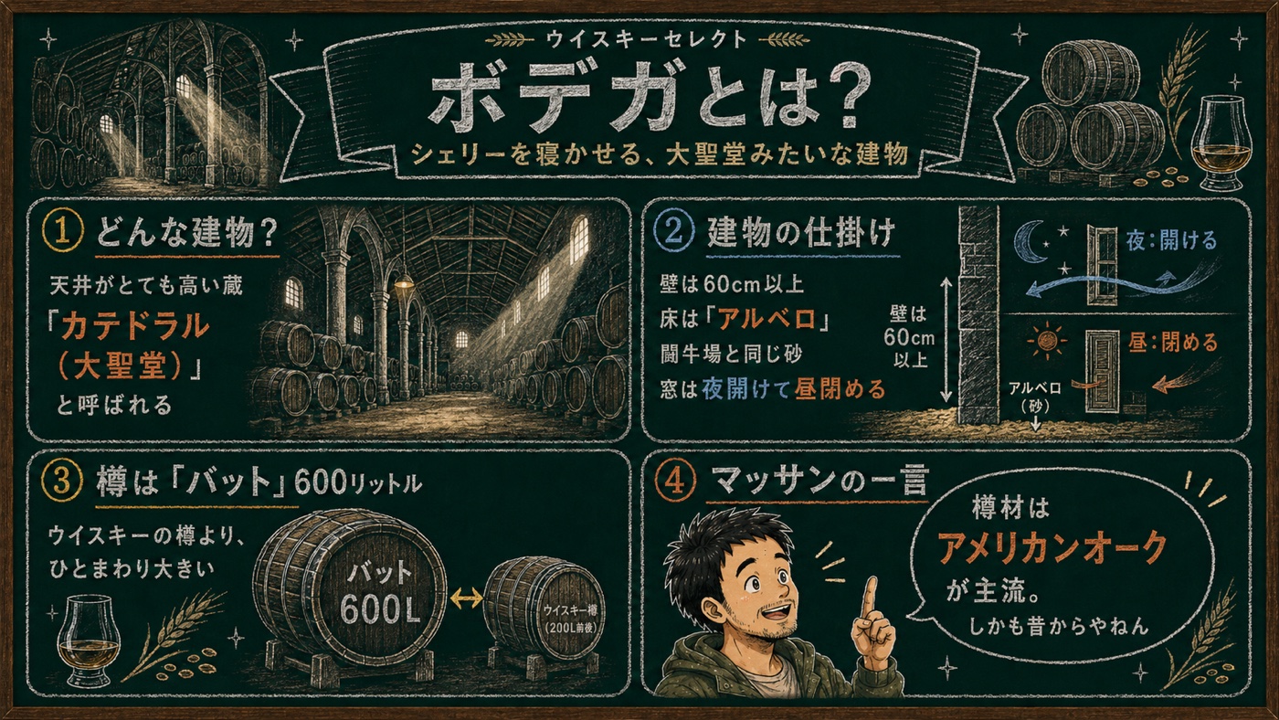 「ボデガ」の解説図：シェリーを寝かせる蔵の構造、バット600Lの大きさ、樽材の話を黒板チョーク風にまとめた図