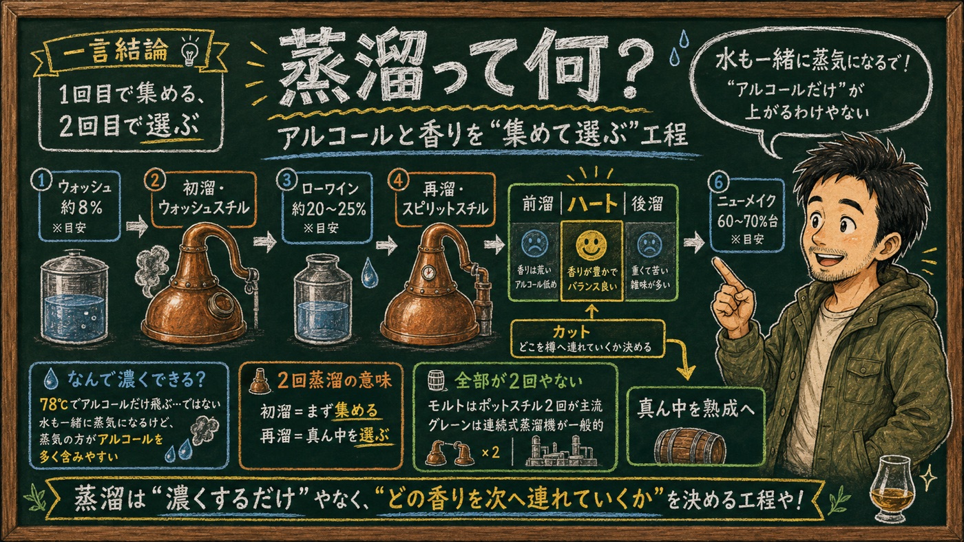 「蒸溜」の解説図:ウォッシュ→初溜→ローワイン→再溜→カット→ニューメイクの流れを黒板チョーク風でマッサンが解説するインフォグラフィック