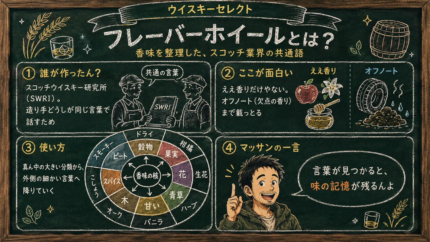 「フレーバーホイール」の解説図：SWRIが作った香味の分類を、内側の8分類とその外側の細かい言葉に分けて黒板チョーク風にまとめた図