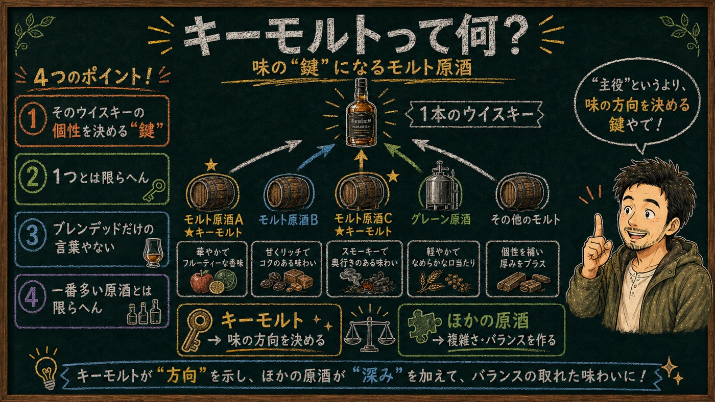 「キーモルト」の解説図:黒板チョーク風で4つのポイントと原酒の組み合わせをマッサンが解説するインフォグラフィック