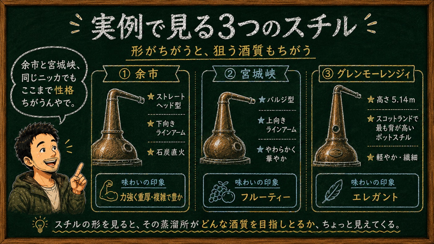 「実例で見る3つのスチル」の解説図：余市・宮城峡・グレンモーレンジィのスチルの違いを黒板チョーク風でマッサンが解説するインフォグラフィック