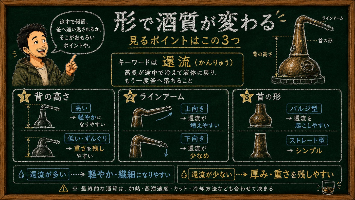「形で酒質が変わる」の解説図：還流を軸に、背の高さ・ラインアーム・首の形の3つを黒板チョーク風でマッサンが解説するインフォグラフィック
