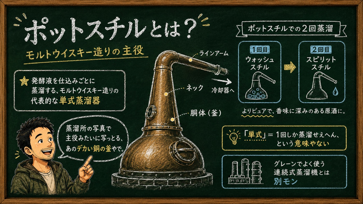 「ポットスチル」の解説図：単式蒸溜器の各部の名前と2回蒸溜の流れを黒板チョーク風でマッサンが解説するインフォグラフィック
