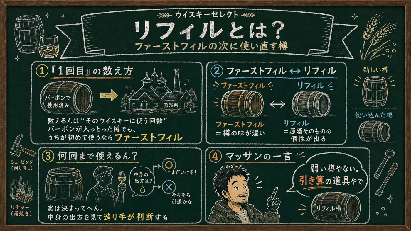 「リフィル」の解説図：ファーストフィルとの数え方のちがい、樽を使い直すと味がどう変わるかを黒板チョーク風にまとめた図