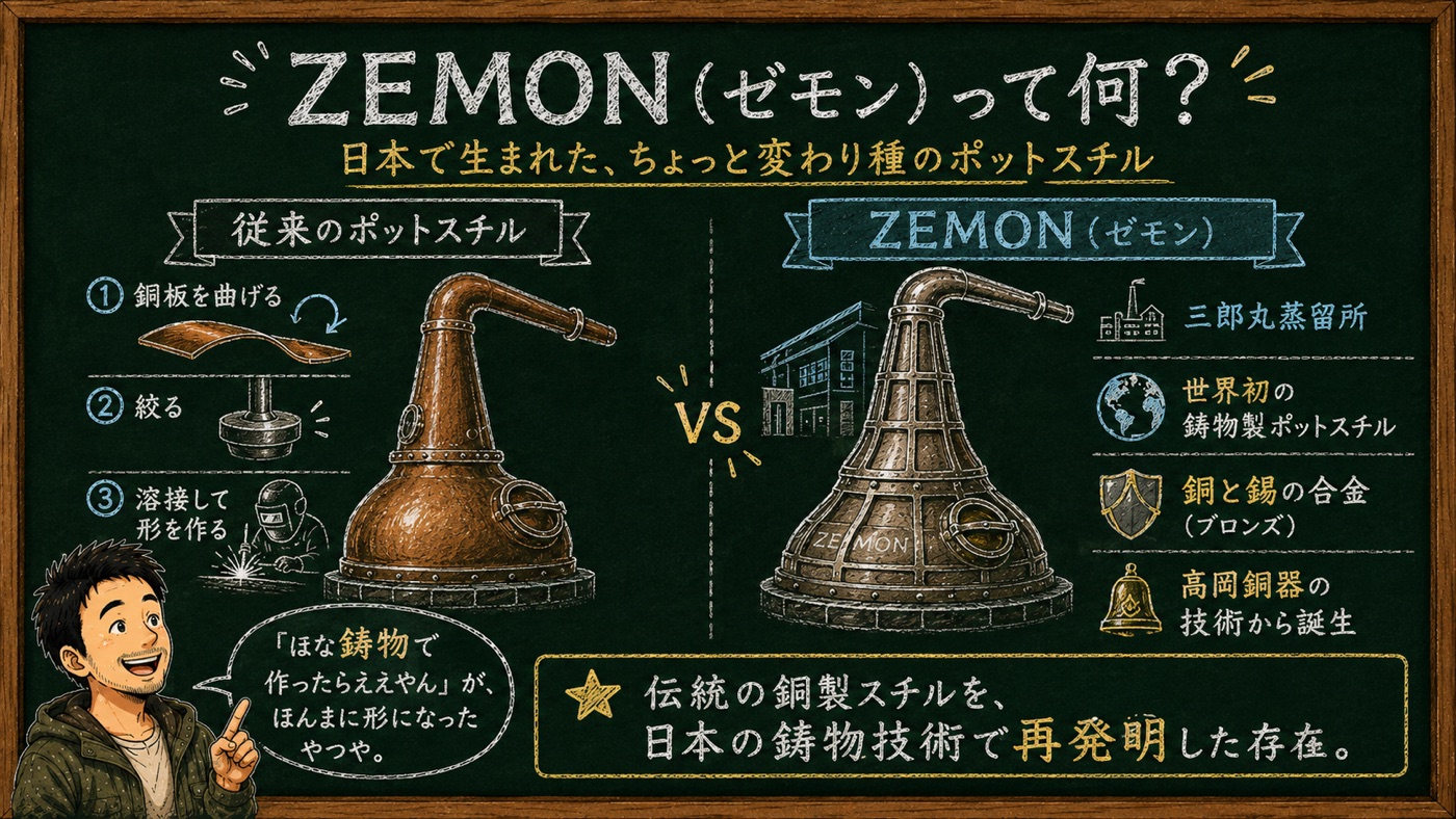 「ZEMON（ゼモン）って何？」の解説図：従来の鍛造ポットスチルと鋳物製ZEMONの違いを黒板チョーク風でマッサンが解説するインフォグラフィック