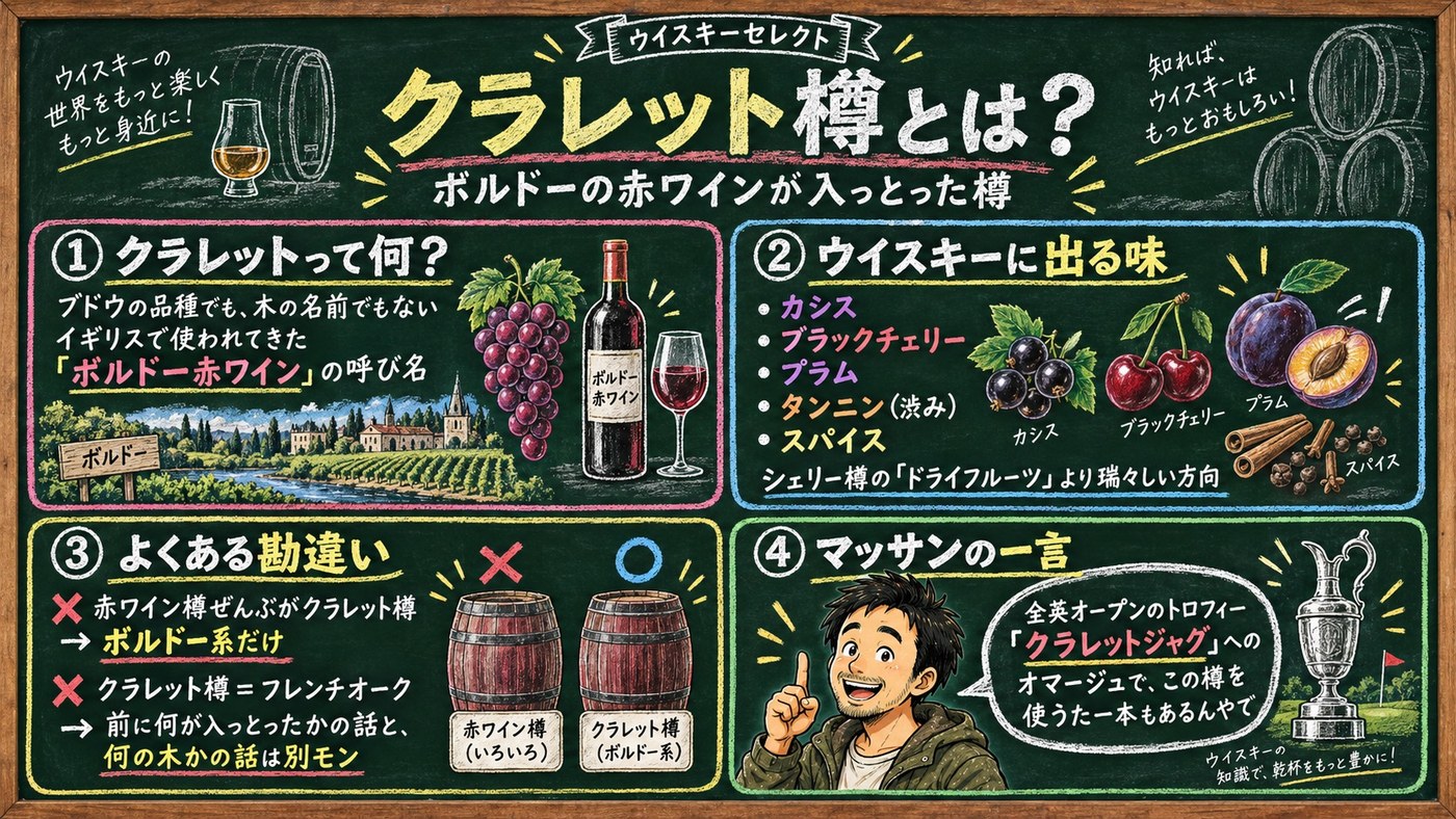 クラレット樽とは？ボルドーの赤ワインが入っとった樽を黒板で解説した図