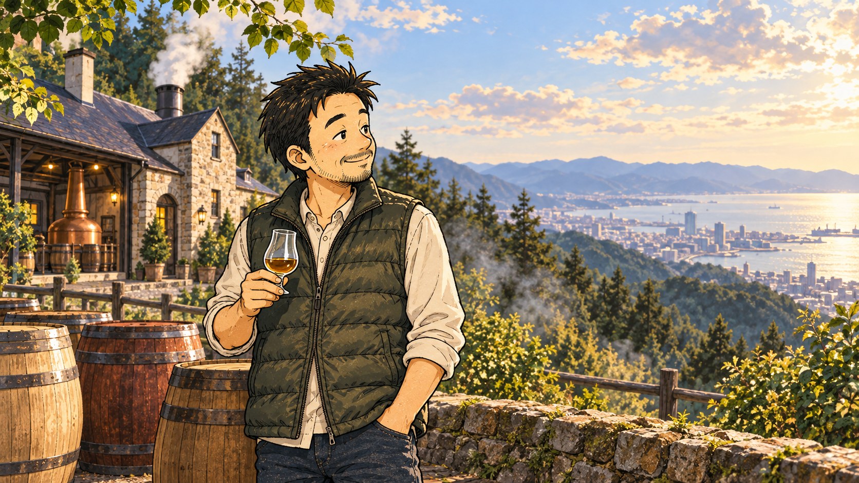 六甲山蒸溜所ガイドのイメージイラスト。森の中の蒸溜所の前で、ウイスキーグラスを持って港町を眺めるマッサン